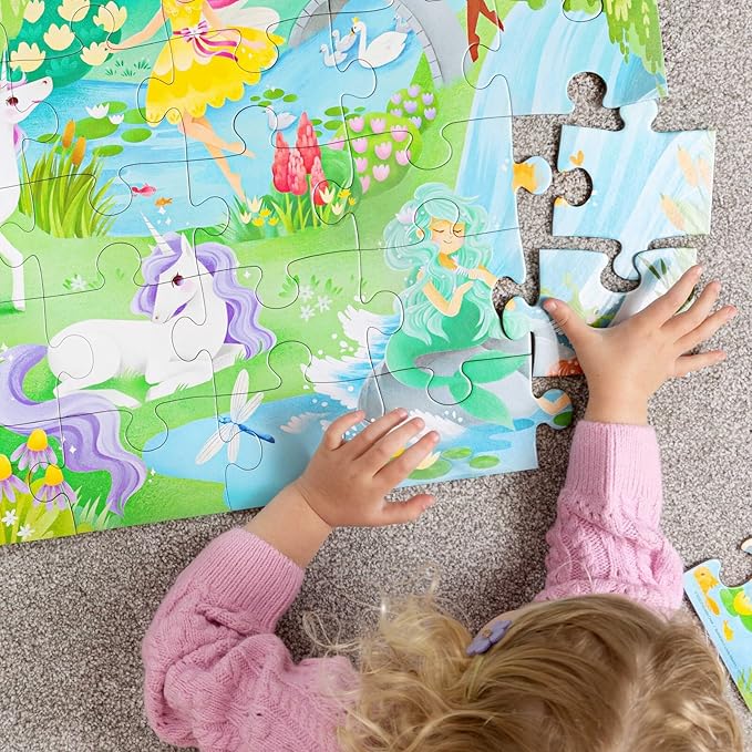 Crocodile Creek 36-Piece Jigsaw Floor Puzzle - Fun Floor Puzzles for Kids Ages 3-5 - Heavy-Duty Shaped Box for Storage - Magical Friends - 24" W x 18" H Finished