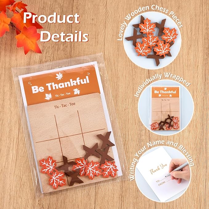 12 Pcs Fall Tic Tac Toe Game, Mini Wooden Tic Tac Toe Strategic Board Game with Maple Leaf, Brown X Pieces, Thanksgiving Cards Included, Ideal for Fall Holiday Party Favor Family Activities