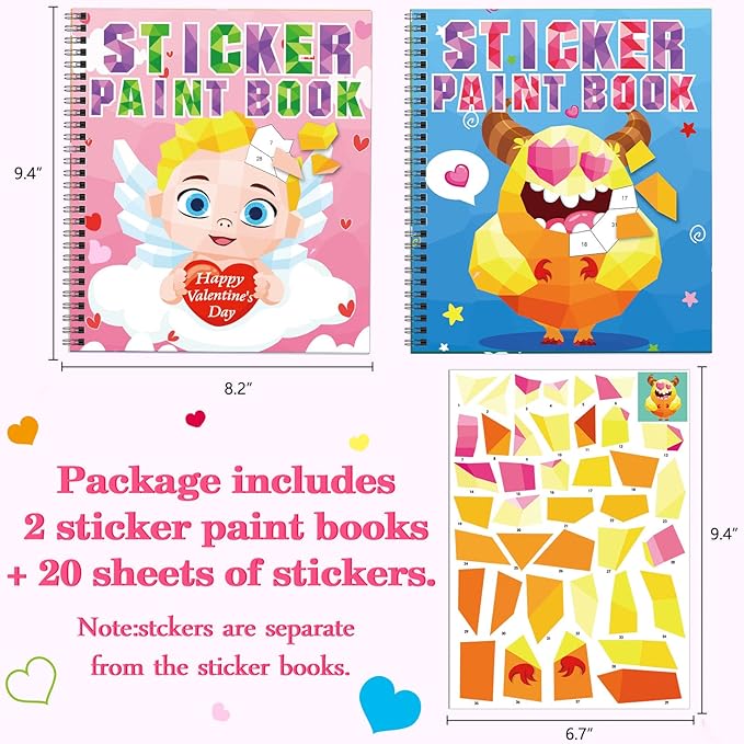 Omgouue 2PCS Valentines Day Crafts for Kids Ages 4-8 Sticker Paint Books Gift Party Create 20 Pictures Sticker Sheets are Separate