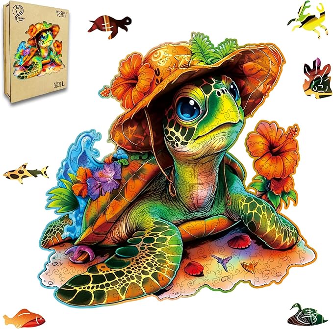 Wooden Jigsaw Puzzles,Vacation Sea Turtle Wooden Puzzles 300 Piece,Perfect for Family Game,Unique Shape Puzzles for Adults 14.9 x 14.9 Inch