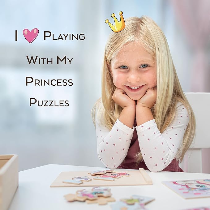 4-in-1 Princess Jigsaw Puzzles for Kids, Wood Puzzles for Kids Ages 3-5 48 Piece Wooden Puzzles for Toddlers 3-5, Wooden Puzzles for Toddlers, Essential Skills Gift for Girls Princesses