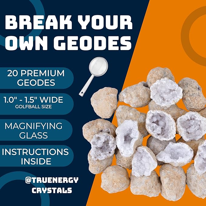 20 Break Your Own Geode Kit – 1.0 to 1.5 Inch Easy to Reveal Natural Premium Geodes – Easy Crack-Open Experience + Tools + Geologist Guide – Requires Less Effort – STEM Activity + Collectable - Small