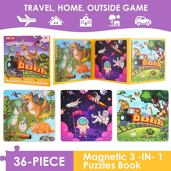Magnetic Puzzles for Kids Ages 4-6, 36-Piece Toddler Travel Toys Animals and Space Puzzles Ages 3-5, Educational Learning Magnets, Ideal Road Trip Activities Toys for 3 4 5 6 Boys and Girls