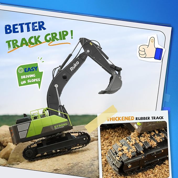Ruko 1661 Remote Control Excavator Toys for Boys, 2.4Ghz RC Construction Vehicles with Metal Shovel & Simulated Lights Gift for Kids