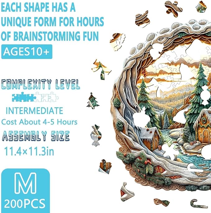 Wooden Puzzles for Adults - Snow House Puzzle, Flat Puzzle with 3D Visual Effect, Snowy Scene Wood Puzzles Adult, Wall Art Home Decor (M-11.4 * 11.3in- 200 Pieces)
