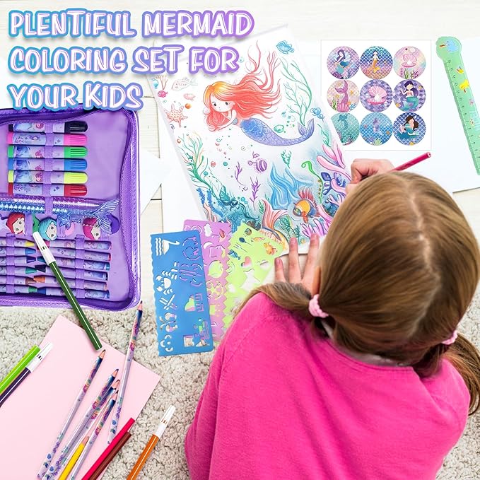 CORALMEE Mermaid Markers Set for Kids, 66 Pcs Drawing Art Supplies with Pencil Case, Markers, Crayons, Gel Pens, Stencils, Ruler, Birthday Gifts for Girls 4-9 Years Old, Ideal for Creative Fun