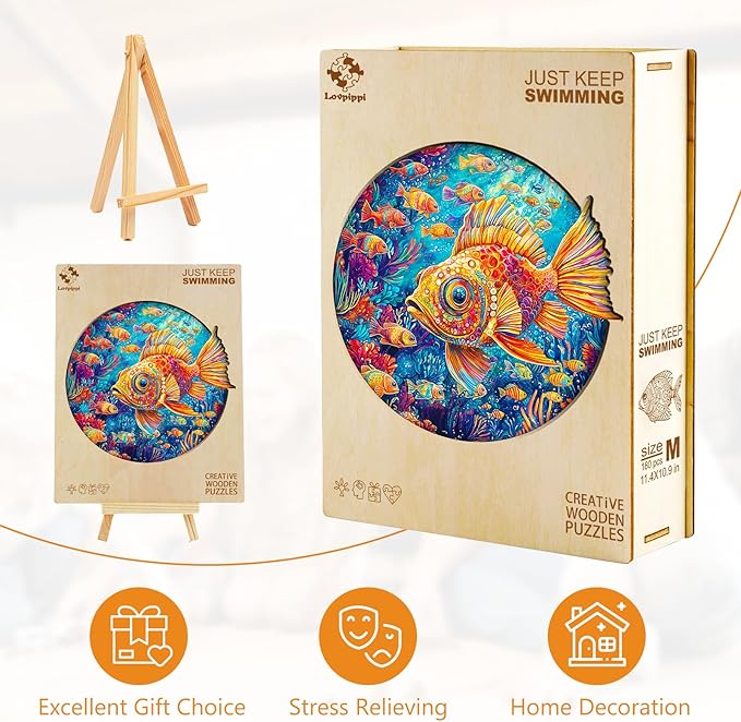 Wooden Puzzles for Adults, Wooden Jigsaw Puzzles for Adults Kids, Fish Just Keep Swimming Unique Shaped Wood Puzzles Adult, Creative Birthday Gifts for Friends Family Game(11.4 * 10.9in 180pcs)