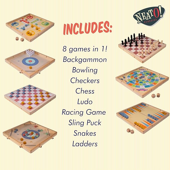 Neato Time to Play 8-in-1 Wooden Board Game Set – Chess, Checkers, Backgammon, Bowling, Sling Puck, Snakes and Ladders, Racing – Classic Family Game for Kids & Adults – Great for Game Night & Travel