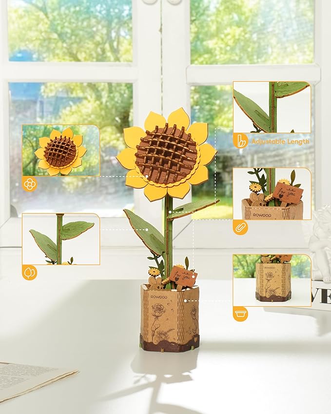 rowood 3D Wooden Puzzles for Adults, DIY Artifical Flower Building Set Craft Kit for Women,Mother's Day/Valentine's Day/Thanksgiving Day/Christmas/Birthday Gift -Sunflower
