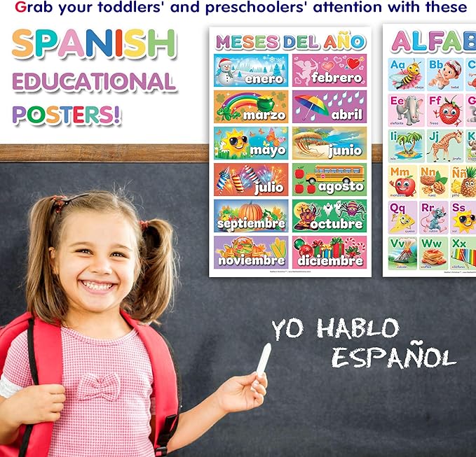 DeeDee's Workshop 16 Spanish Classroom Posters - Spanish Learning for Kids, Abecedario para Niños en Español, Days of the Week & Calendar