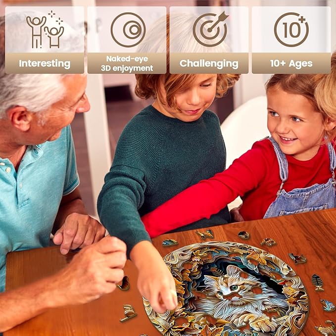 Wooden Puzzle for Adults-3D Vision Effect Cat Wooden Puzzle Unique Shape Advanced Wooden Jigsaw Puzzle for Adult, Wood Puzzles,Challenge Wooden Jigsaw Puzzle (8.5 * 8.5in-100pcs)