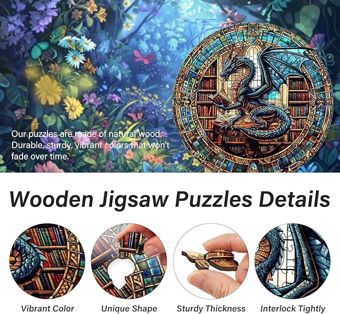 WOODBESTS Wooden Puzzles for Adults (200 Piece, M, 11.4"x11.4") Dragon's Library Wood Puzzle Adult, Unique Wooden Animal Jigsaw Puzzles, Family Game and Birthday Gifts for Friend