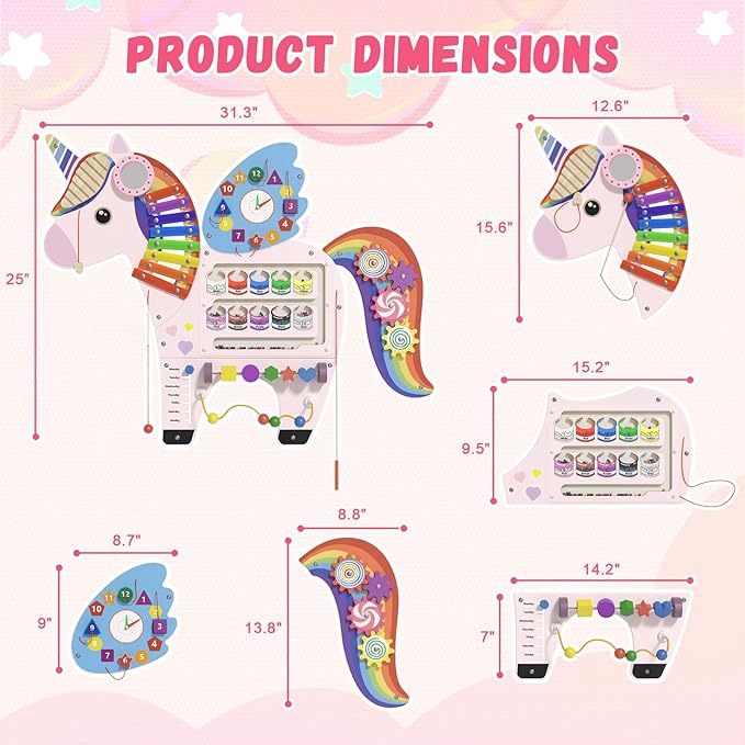 Unicorn Activity Wall Busy Board Panels - Sensory Wall Panel for Kids, Montessori Toddler Wall Activity Board, Wall Toys for Toddlers 3, Activity Cube, Perfect for Toddler Playroom, Pink