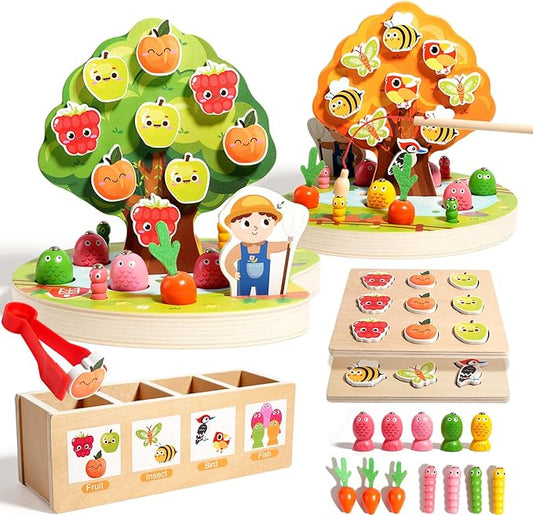 Toddler Sensory Montessori Wooden Preschool Learning Educational Gift Toy for Kids Ages 3 4 5, Shape Color Sorter Apple Picking Carrot Harvest Game,Magnetic Fishing - Fine Motor Skills Toys
