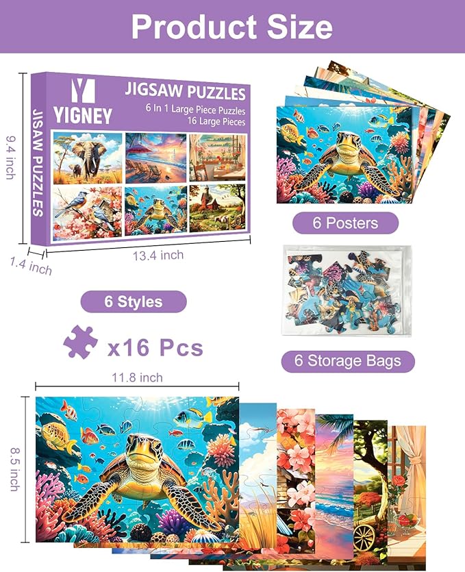 6 Pack 16 Large Piece Jigsaw Puzzles for Seniors Alzheimer Product for Elderly Dementia Activities Memory Game for Patients in Nursing Home with Storage Box