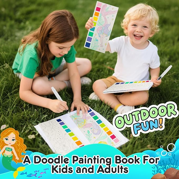 ROOCHKD Watercolor Painting Coloring Books Pocket Watercolor Paint Bookmarks, Mess Free Paint with Water Set, Travel Class Activities Art Party Favors Exchange Birthday Gifts for Kids (Mystic meraid)