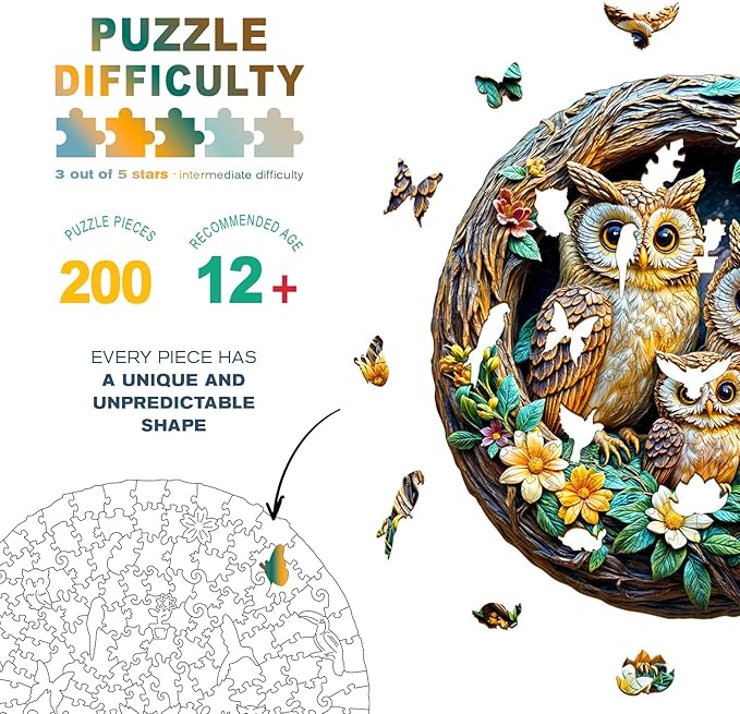 Wooden Puzzles for Adults - Owl Family Wooden Jigsaw Puzzle - Unique Shape 3D Vision Wood Puzzles Adult - Christmas Birthday Gifts for Adults/Friends/Family - 200pcs 11.4 * 11.3in