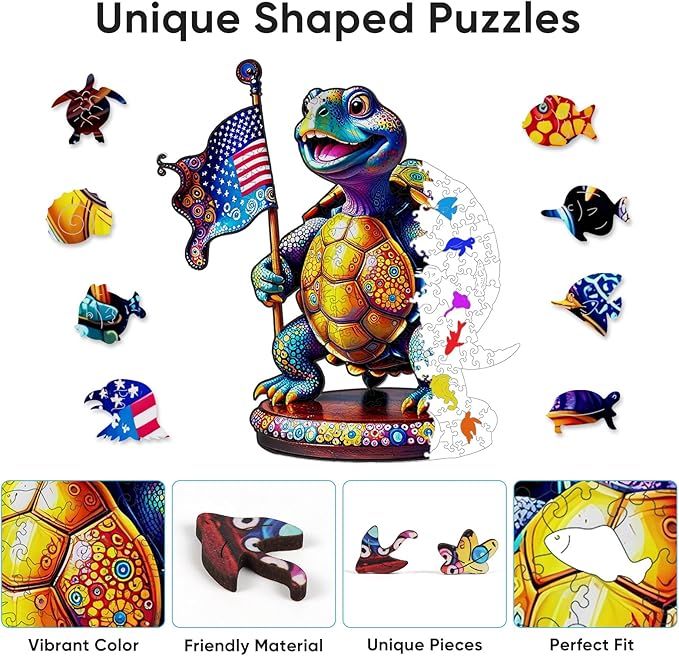 Wooden Puzzles for Adults, 215 Pieces Flag Turtle Wooden Jigsaw Puzzles, Animal Unique Shaped Puzzle Gift for Adults and Kids on Birthday, Thanksgiving, Family Puzzle Games (10.8'' x 12'')