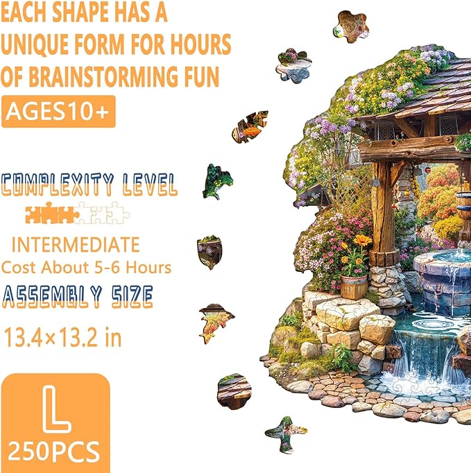 Wooden Puzzles for Adults, Springwell Garden Wood Puzzle Adult, Unique Shape Jigsaw, Wall Art Home Decor (L -13.4 * 13.2in -250 Pieces)