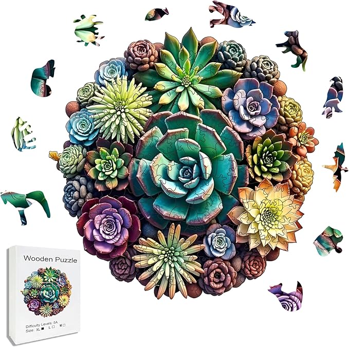 Wooden Puzzles, 320 Pieces Succulent Plants Jigsaw Puzzles, Unique Shaped Wooden Puzzle for Adults and Kids, Family Game(Succulent Plants, Royal)
