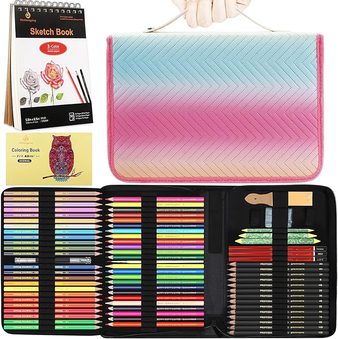 78pcs Drawing Kit Sketching Set Art Supplies with 3-Color Sketchbook Colorful Portable Case Colored Graphite Charcoal Watercolor Mettallic Pencil sketch draw gift set for Artist Adult Beginner