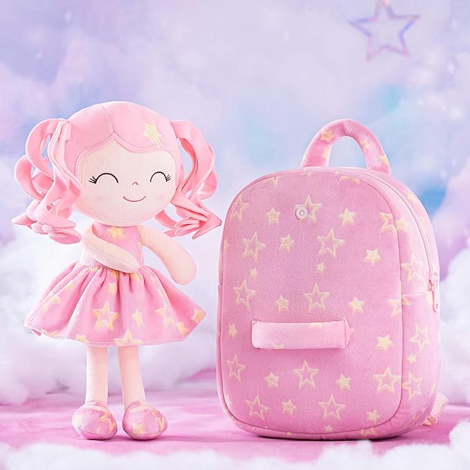 Gloveleya Toddler Backpack Baby Girl Gifts Curly Hair Plush Figures Dress Backpack Kids Backpack Curly Hair Spring Girl - Pink Head Pink Star 9inches