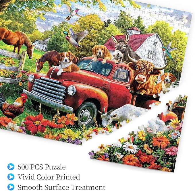 Colorful Spring Farm Puzzle for Adults 500 Pieces Animal Farm Dogs Cows Donkey Horses Puzzle Artwork Friends Family Activity Game Nights Gifts