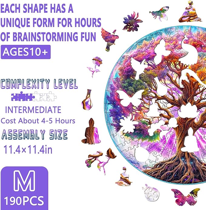 Wooden Puzzles for Adults - Dreamy Tree of Life Wooden Puzzle, Unique Shape Wood Jigsaw Puzzles for Adults, Wood Puzzles Adult, Perfect for Birthday, Family Puzzle, 190 Piece 11.4 x 11.4in Medium
