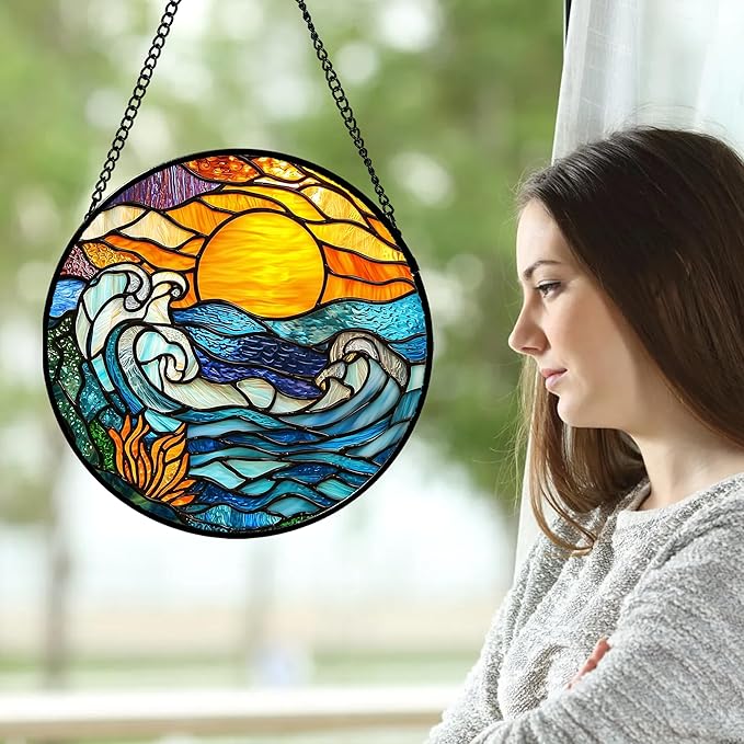 Stained Glass Window Hanging, Orange Sun Blue Sea Waves Landscape Suncatcher for Doors Window Home Sun Catchers Decor Mother's Day Birthday Gifts for Women, Men Mom 11.8 in