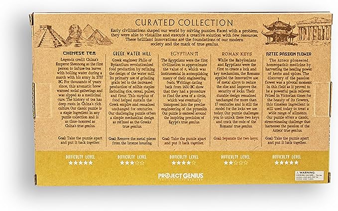 Project Genius Curated Collection Gift Set, 5 Premium Wood & Metal Puzzles, 3D Brainteaser Gift for Kids 8+, Teens, and Adults - True Genius Disassembly and Disentanglement Variety Pack