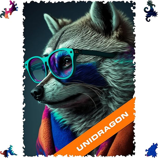 UNIDRAGON Original Wooden Jigsaw Puzzles - Pop Art Glow Up Collection - Bandit - Raccoon Puzzle 500 Pieces, Beautiful Gift Package, Wooden Puzzle for Adults