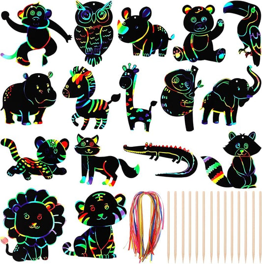 64 Pcs Wild Animal Scratch Cards DIY Rainbow Color Scratch Art Card Jungle Safari Animal Painting Scratch Off Paper for Kids Art Craft Kit with 64 Wood Stylus Ribbon for Home School Decor Party Favors