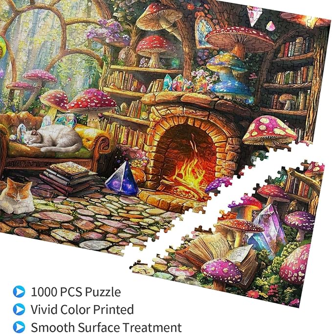 Mushroom Cottage Jigsaw Puzzles for Adults 1000 Pieces Magical Forest Treehouse Scene Puzzles Challenging Puzzle Games for Night
