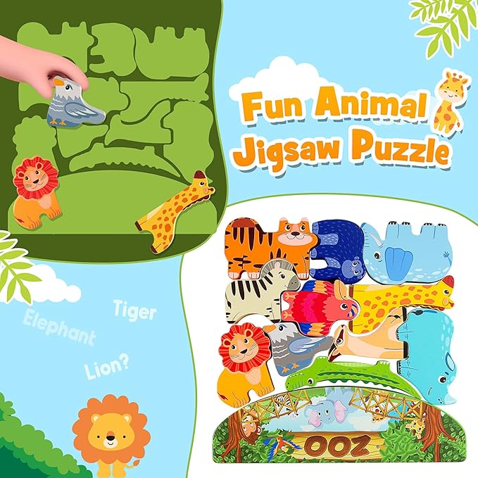 Wooden Animal Blocks Stacking Toy Kids Christmas Birthday Gifts for Boy Girl Age 3-7 Animals Montessori Toddler Toys 3 4 5 6 7 8 Year Old Boys Girls Educational Toys Fine Motor Balance Game