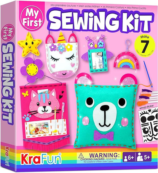 KRAFUN My First Sewing Kit for Beginner Kids Arts & Crafts, 7 Easy DIY Projects of Stuffed Animal Dolls and Plush Pillow Craft, Instructions & Felt, Gift for Girls, Boys, Learn to Sew, Embroidery