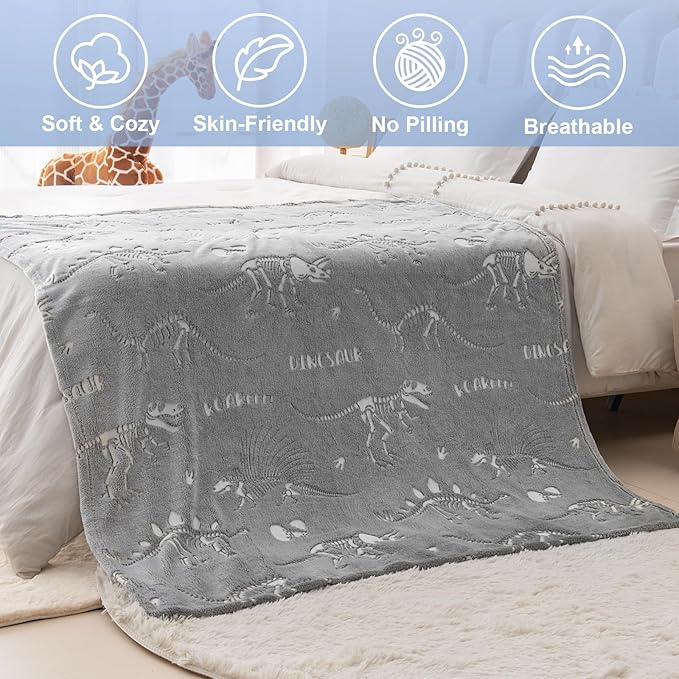 Dinosaur Toys Gifts for Boys Girls - Dino World Glow in The Dark Blanket Best Birthday Christmas Valentines Easter Presents for Kids Toddler Age 1 2 3 4 5 6 7 8 9 10 Years Old Child Soft Throw 50"x60"