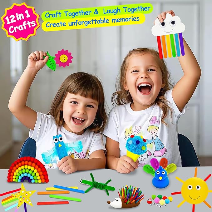 MHMYDIS First Craft Kit for Kids - 12 in 1 No Mess Creative Arts and Crafts kit for Kids Ages 4-8 - Toddler Crafts Kit Supplies - Gifts for Girls and Boys 3 4 5 6 7 8 Year Old