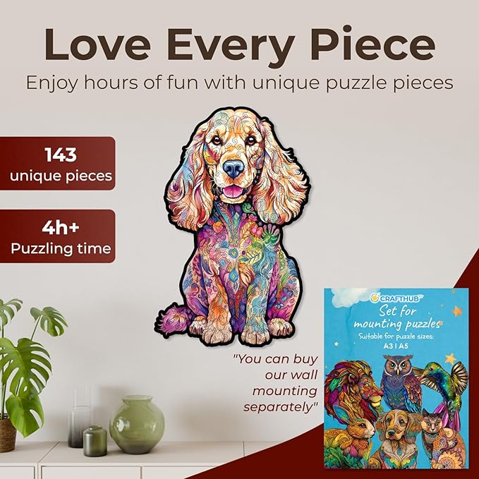 CRAFTHUB Animal Wooden Puzzles for Adults – A3 Cocker Spaniel Dog with 143 Pieces – Jigsaw Puzzles with Unique Animal Shapes – 9.9" x 15.3"