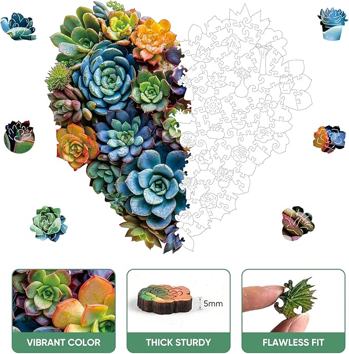 Mys Aurora Jigsaw Puzzles,300 Pieces Heart Succulent Wooden Puzzles for Adults, Unique Shaped Plant Puzzles,Brain Teaser Family Flower Puzzle Game 13.2 x 12.6 Inch