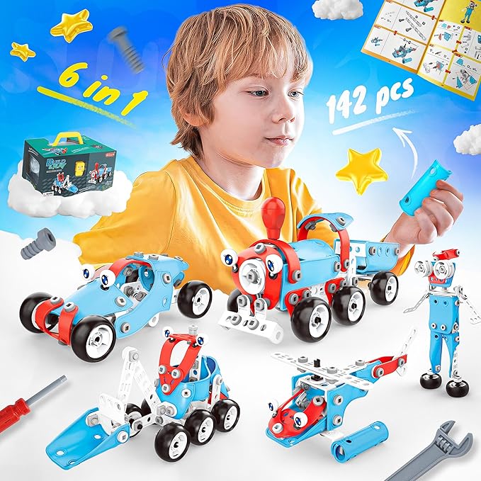 SMILESSKIDDO STEM Kits, 6-in-1 Kids Building Blocks Set - 142 PCS Educational Construction Toys with Storage Box for Kids Ages 5+
