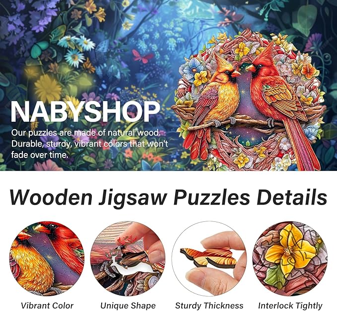 Wooden Puzzles for Adults, Wooden Cardinal Puzzle, Wooden Jigsaw Puzzles for Adults, Birthday for Puzzle Lover (M-11.9 ×11.8in - 200pcs)