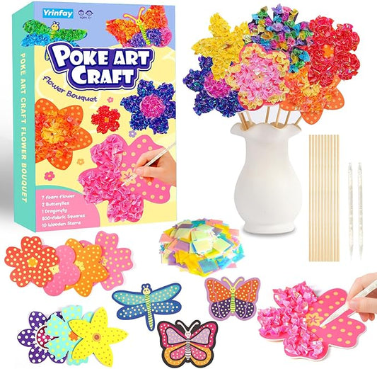 Poke Arts and Crafts kit for Kids, DIY 7 Flowers & 2 Butterflies & 1 Dragonfly, Mess Free Creative Game Toys for Girl 6-8 8-12, Gifts for Boys & Girls Ages 6 7 8 9 10 11 12 Years Old