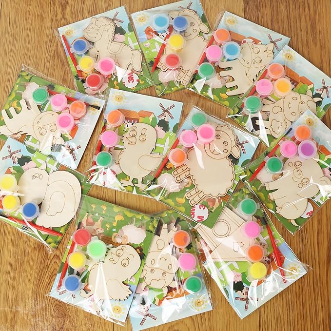 LARDUX Farm Animal Party Favors, 24PCS DIY Wooden Arts & Crafts Painting Kit for Kids Ages 4-8 8-12, Glow in The Dark Party Favors Family Crafts Birthday Party Christmas Gifts Toys for Boys Girls