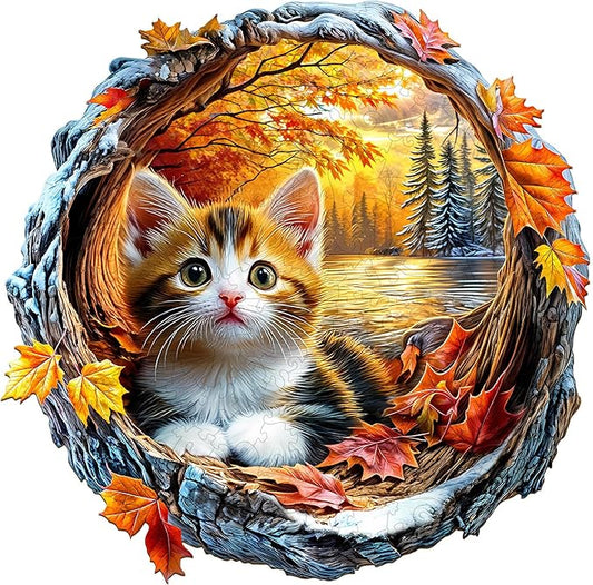 Wooden Puzzles for Adults, Wooden Jigsaw Puzzles for Adults Kids, Kitten in Autumn Unique Shaped Wood Puzzles Adult, Creative Gifts for Friends Family Game, Home Decor(11.4 * 11.3in 190pcs)
