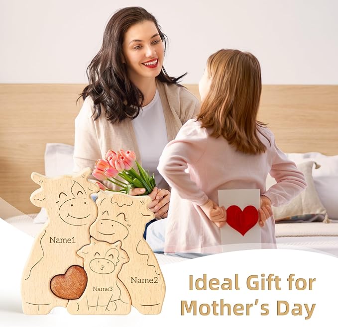 Wooden Cows Family Puzzle, Personalized Puzzles with 2–5 Names, Fathers Day Birthday Personalized Gifts for Mom Dad Kids Teen Boys Girls Grandma, Toddler Men Thanksgiving Gifts