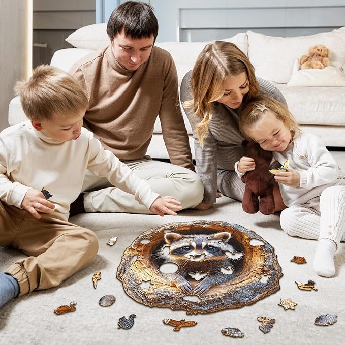 Wooden Jigsaw Puzzles, Tree Hole Raccoon Wooden Puzzles for Adults with Unique Shape, Adult Jigsaw Puzzle, Birthday Gifts for Adults, 13.4"x12.9" - 270pcs