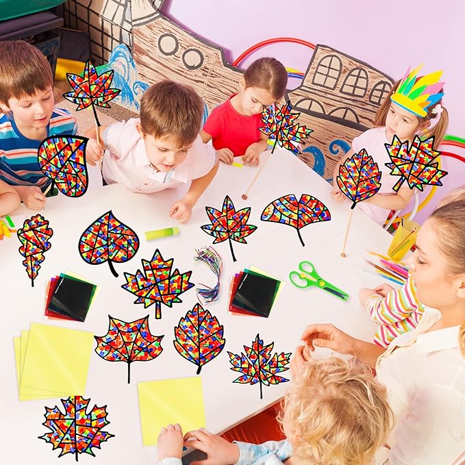EggSun 36 Sets Fall Maple Leaf Suncatchers Craft Kit for Kids Ornaments Stained Glass Window Arts and Crafts Kit for Thanksgiving Classroom Holiday Projects Home Party Favors Decorations Ages 4 8 12