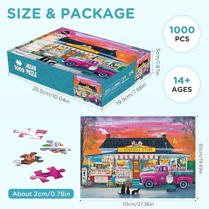 Puzzles for Adults 1000 Pieces - Vintage Country Store Jigsaw Puzzles, Colorful Retro Shop Scene Puzzle for Family Fun and Home Decor