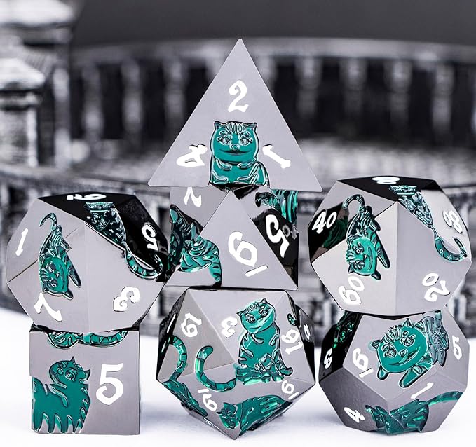 Metal DND Cat Dice 7PCS Polyhedral RPG Dice Set with Gift Case for Dungeons Dragons Role Playing Game, D and D Dice D6 D8 D10 D12 D20 D% (Green Black)