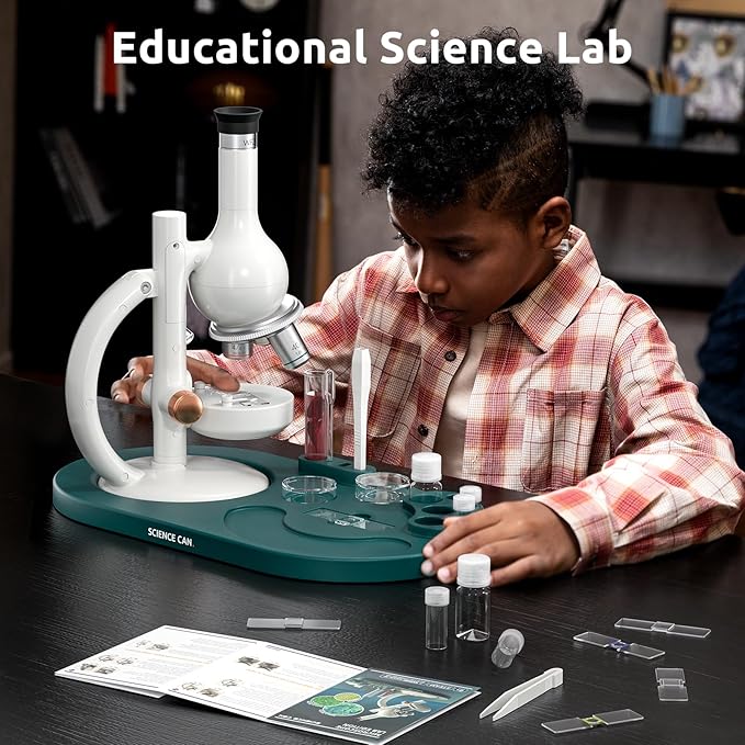 Science Can Microscope for Kids, 1600X Magnification LED Student Microscope with 8 Prepared Slides, Educational Science Lab Toy Great Birthday Gifts, Science Kits for Kids Ages 8-12